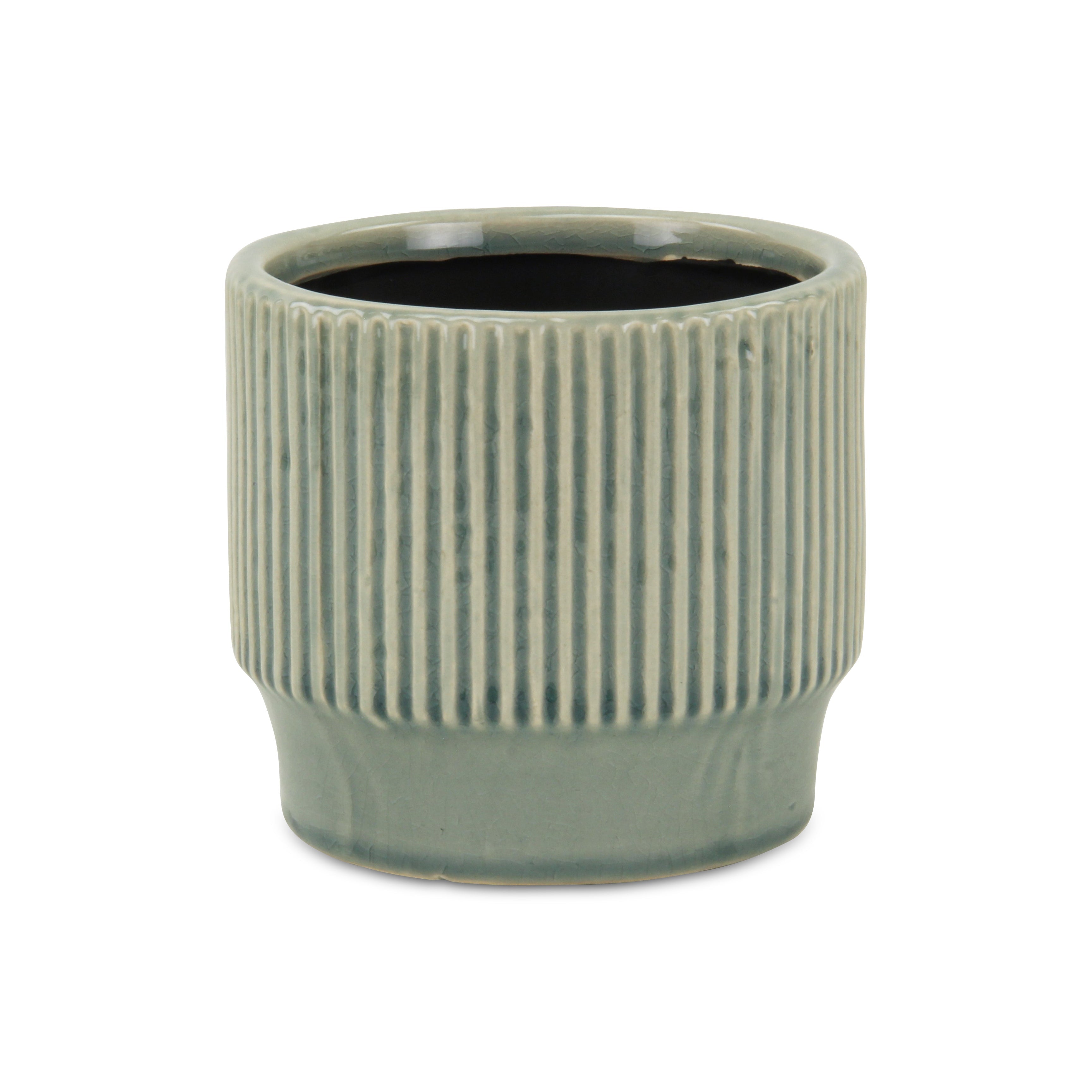 Green Ceramic 41 Ounce Striped Round Distressed Pot Planter