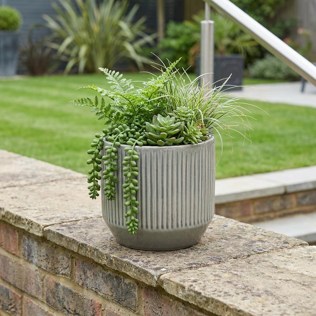 6" Gray Striped Ceramic Indoor Outdoor Round Pot Planter