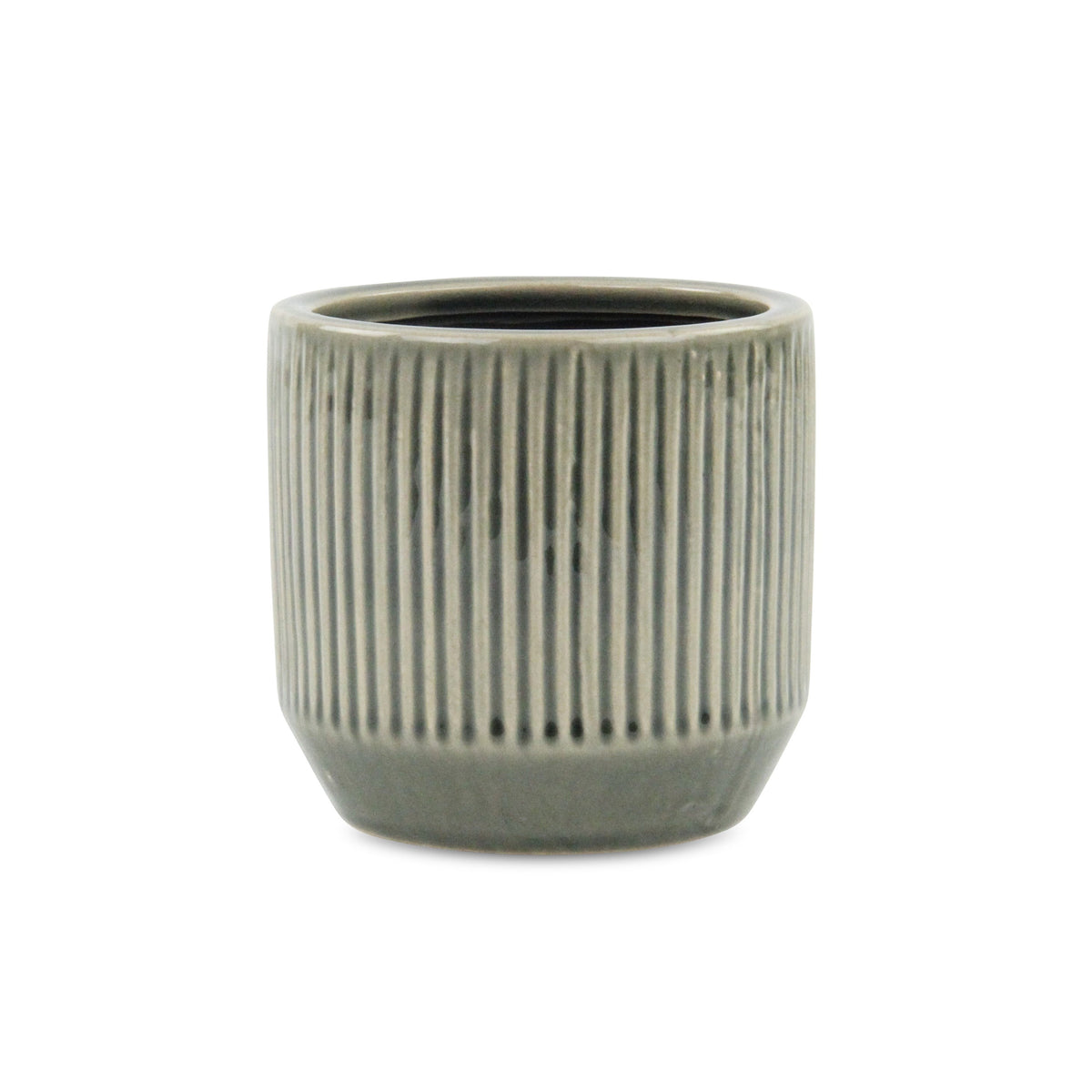 Gray Ceramic 17 Ounce Striped Round Distressed Pot Planter