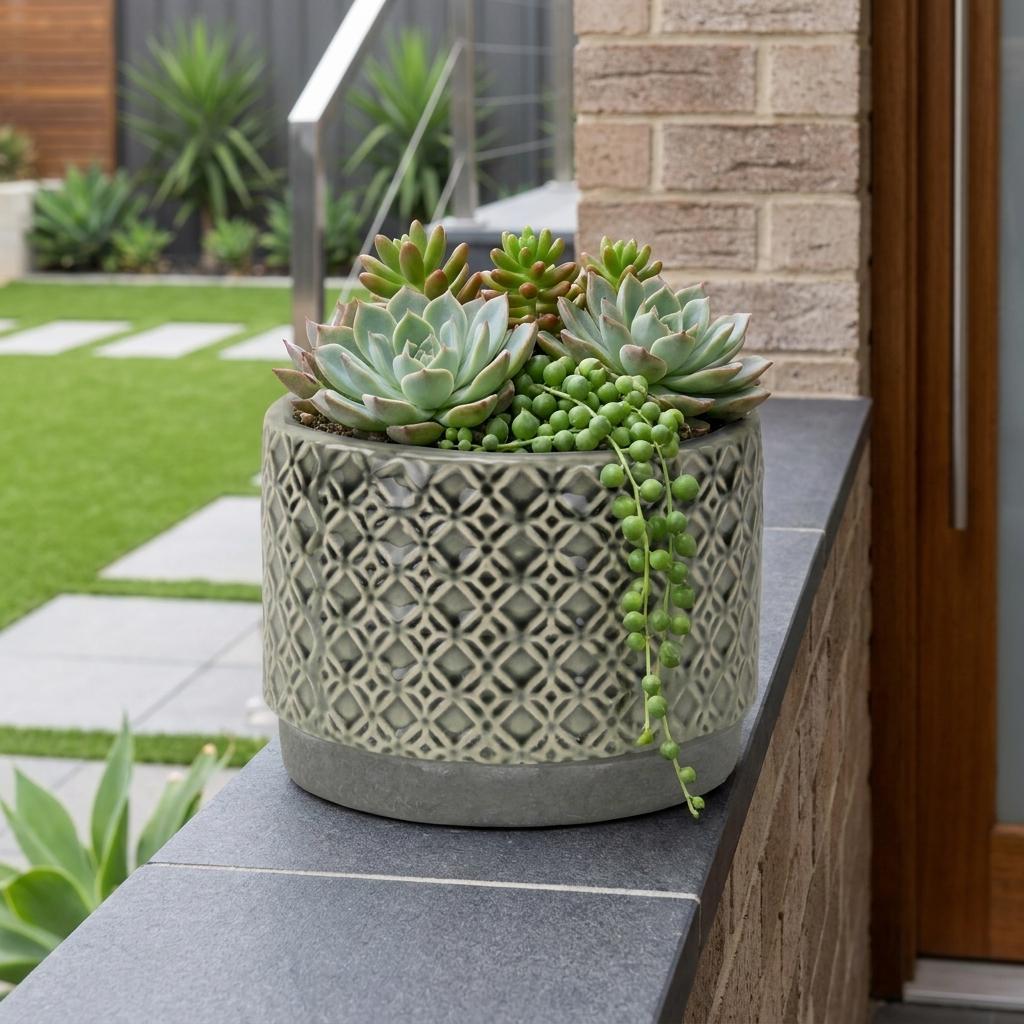 7" Gray Geometric Ceramic Indoor Outdoor Round Pot Planter