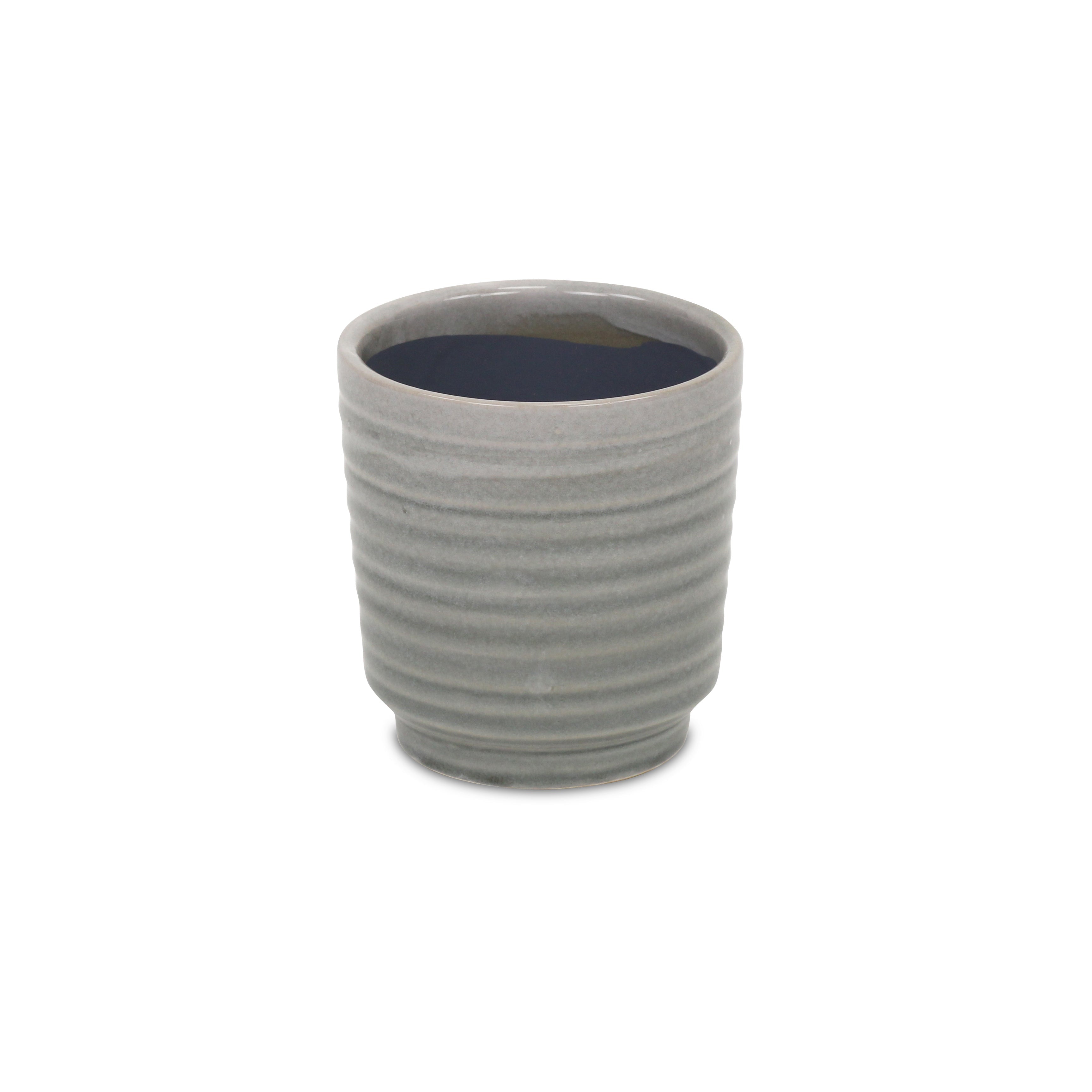 Gray Ceramic 19 Ounce Striped Round Distressed Pot Planter