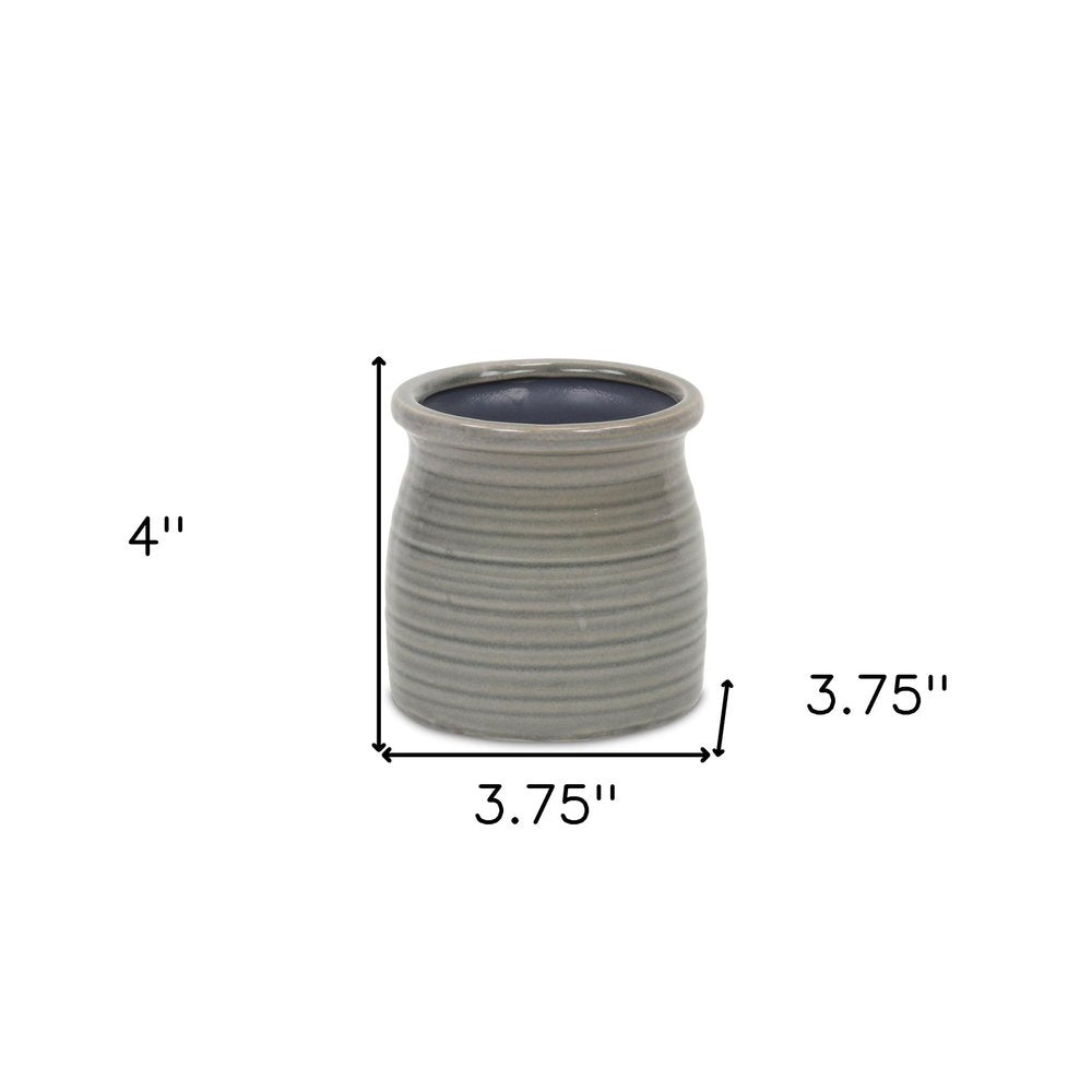 Gray Ceramic 15 Ounce Striped Round Distressed Pot Planter