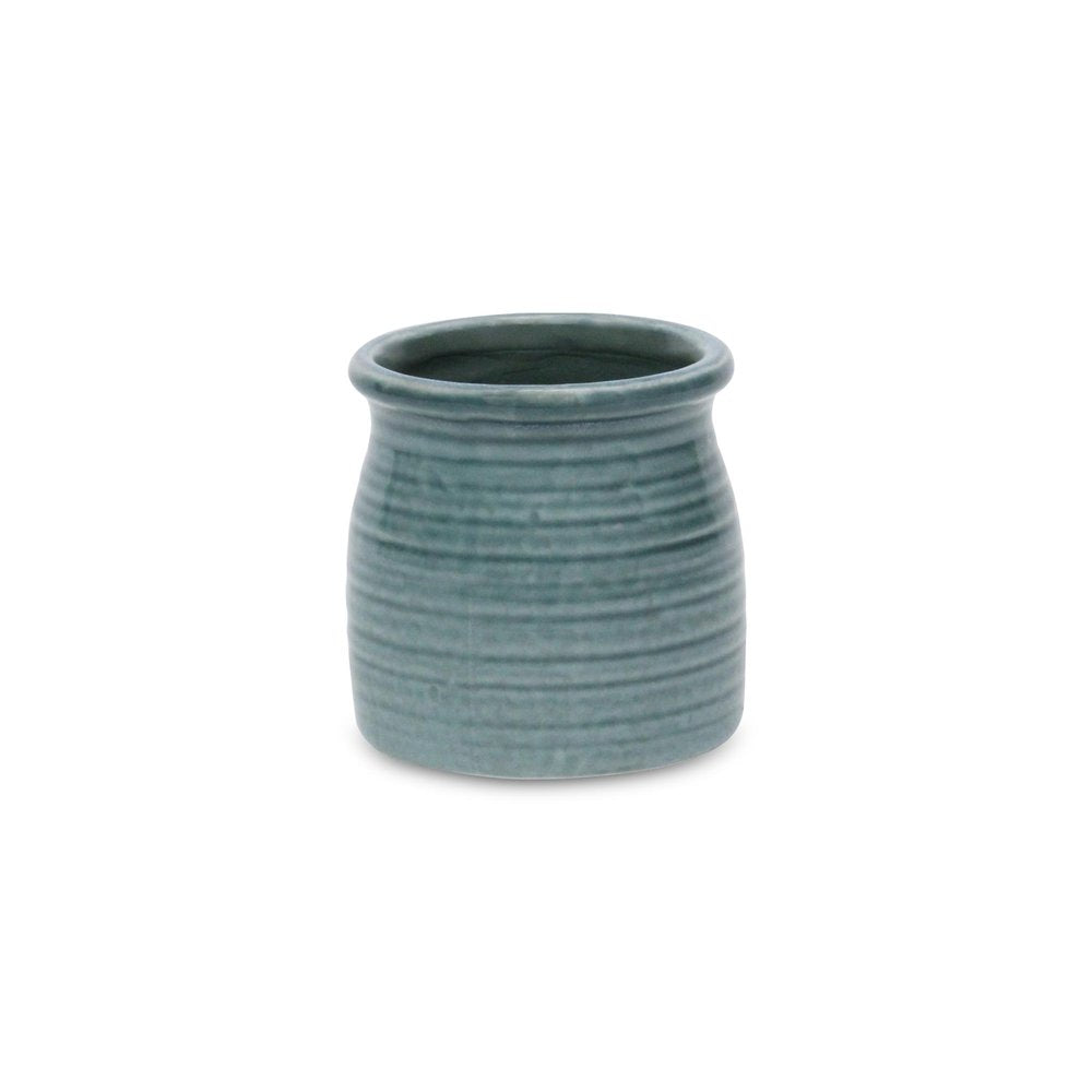 Green Ceramic 12 Ounce Striped Round Distressed Pot Planter
