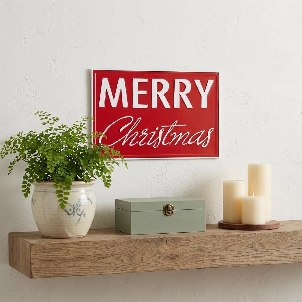 12" X 19" Red and White Handcrafted Merry Christmas Metal Wall Decor