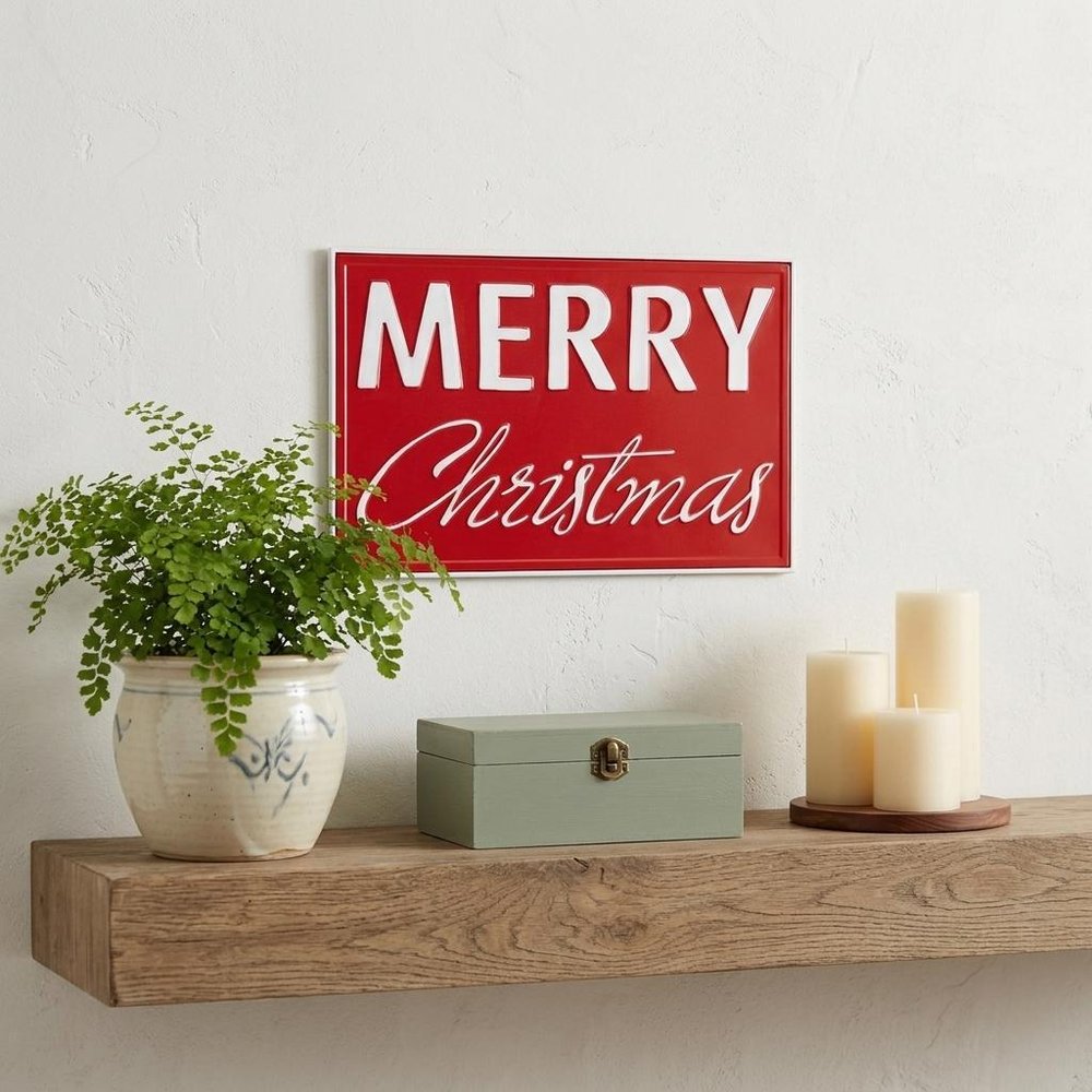 12" X 19" Red and White Handcrafted Merry Christmas Metal Wall Decor