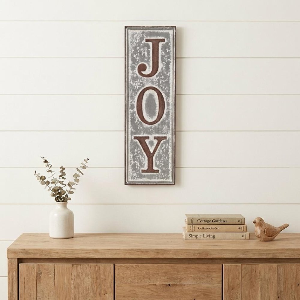 19" X 6" Gray and Brown Handcrafted Joy Metal Wall Decor