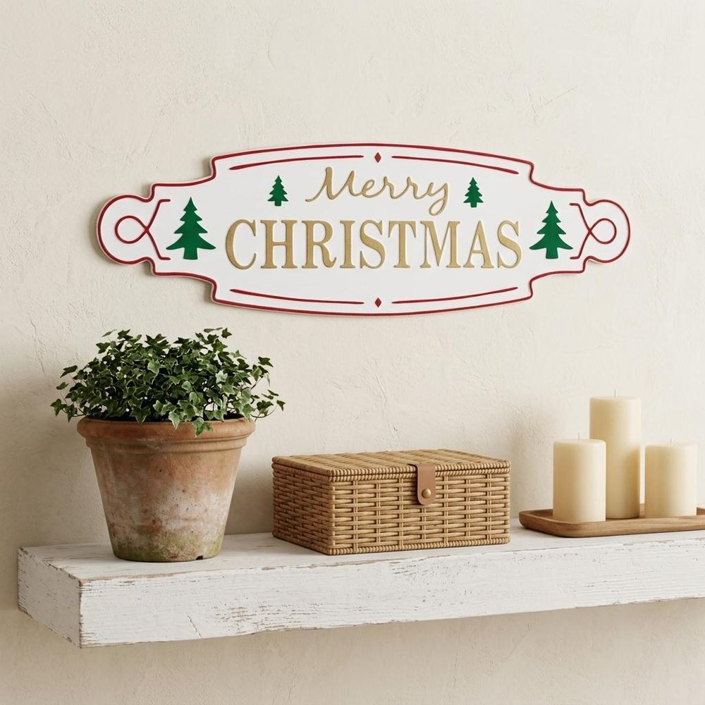 11" X 36" White Green and Red Merry Christmas Metal Wall Decor