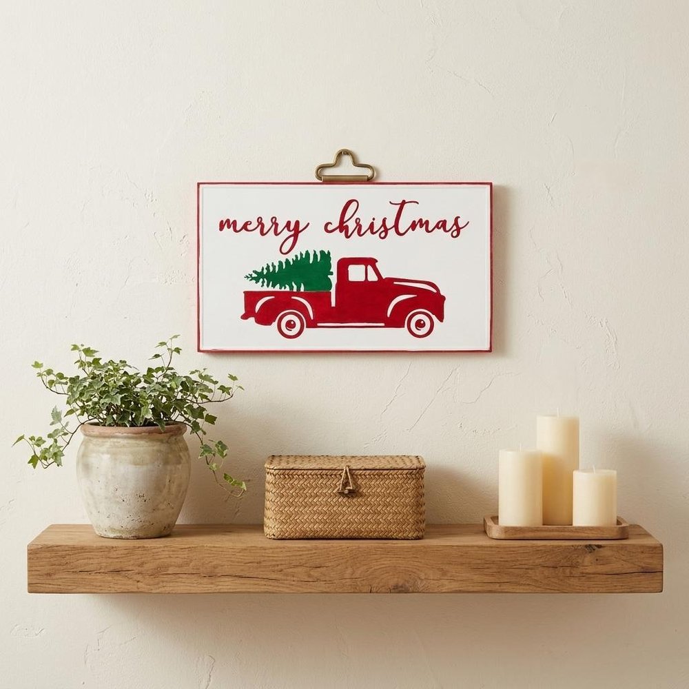 14" X 23" White and Red Handcrafted Merry Christmas Metal Wall Decor