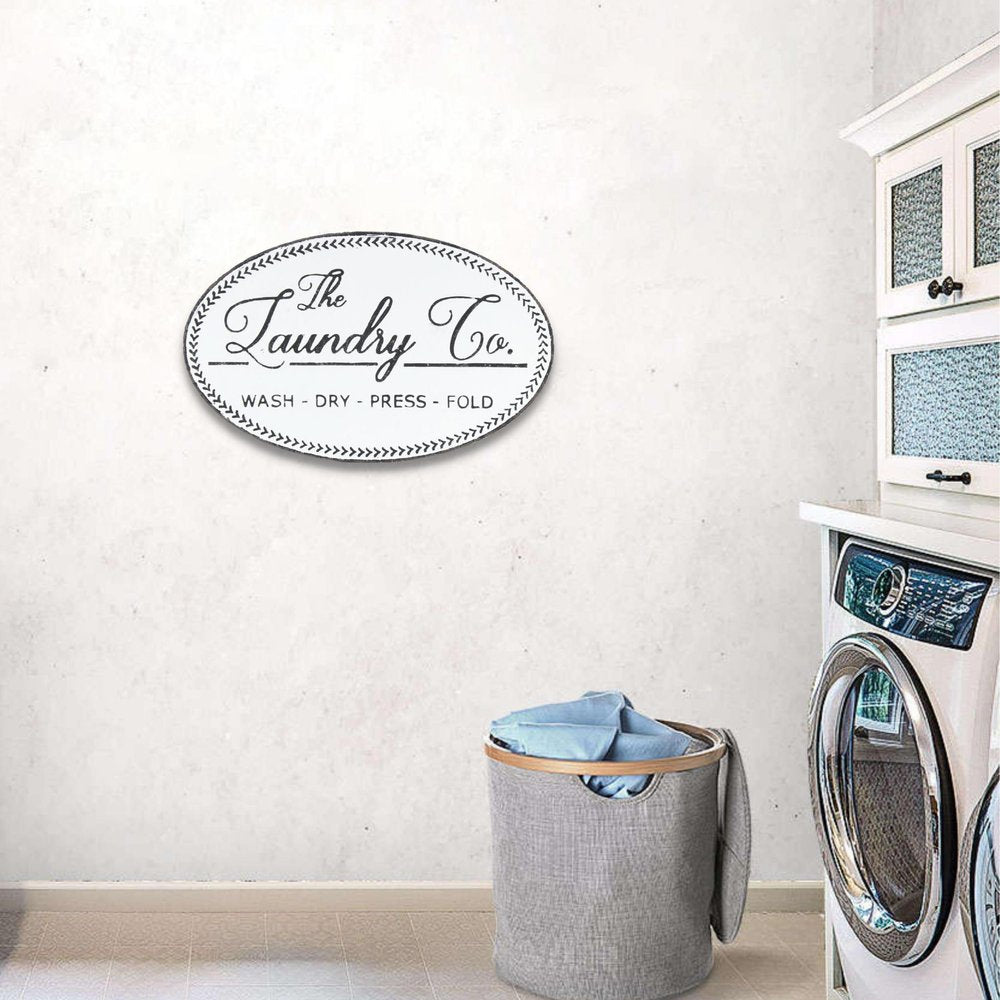 14" X 22" White And Dark Gray The Laundry Co Metal Oval Wall Decor