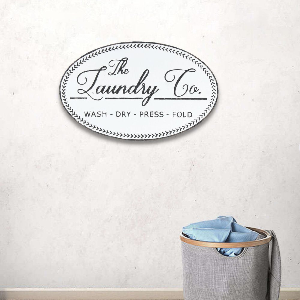 14" X 22" White And Dark Gray The Laundry Co Metal Oval Wall Decor