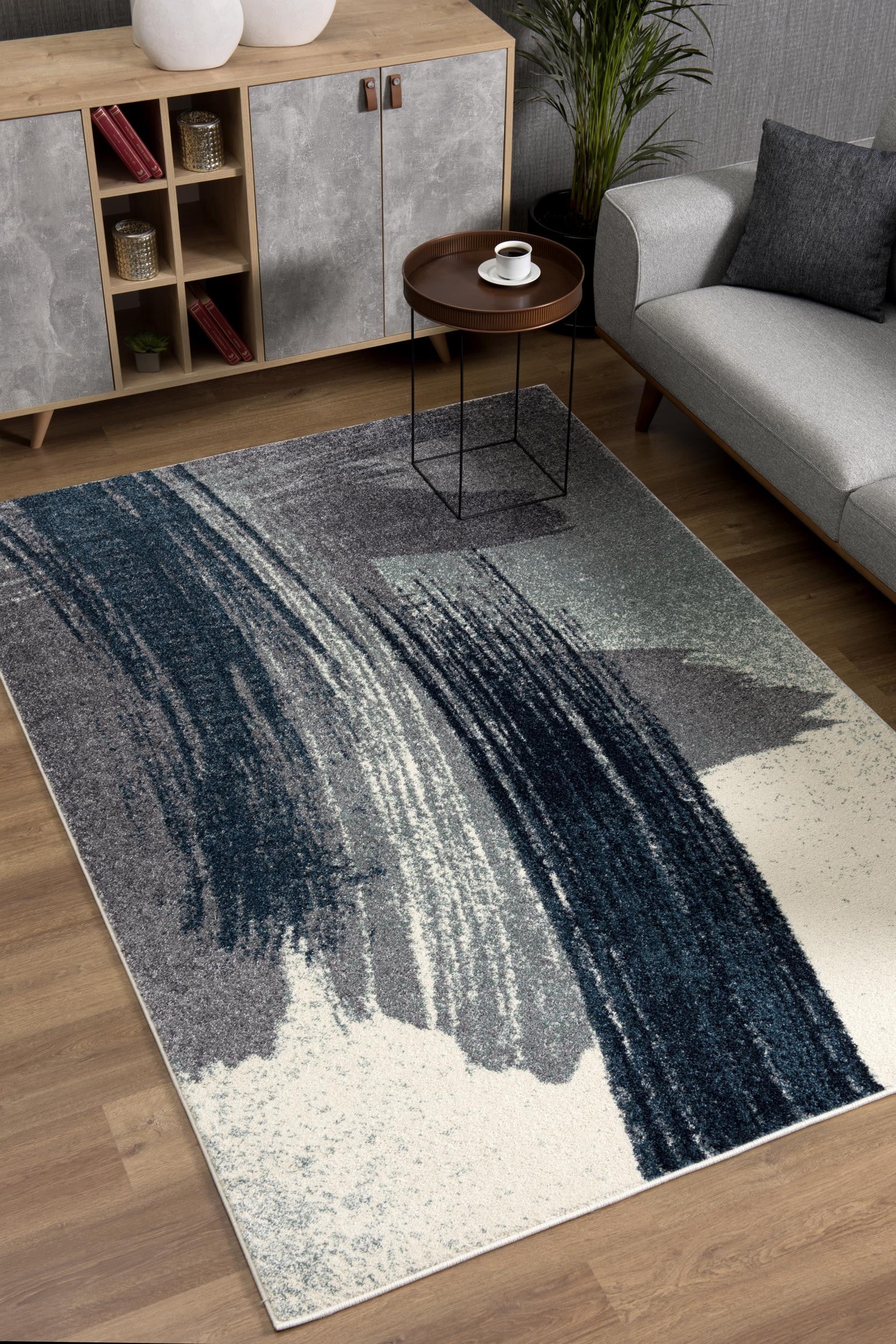 2' X 10' White And Blue Abstract Power Loom Stain Resistant Area Rug