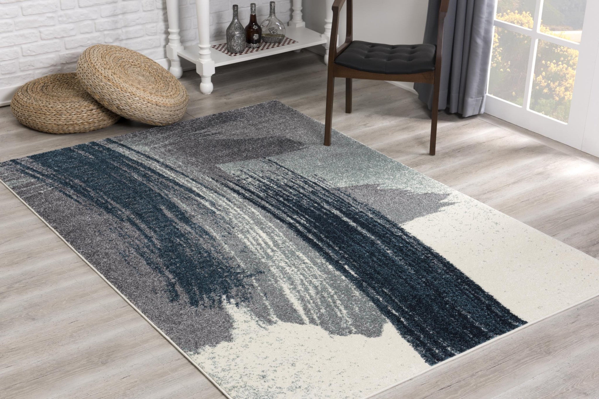 2' X 10' White And Blue Abstract Power Loom Stain Resistant Area Rug