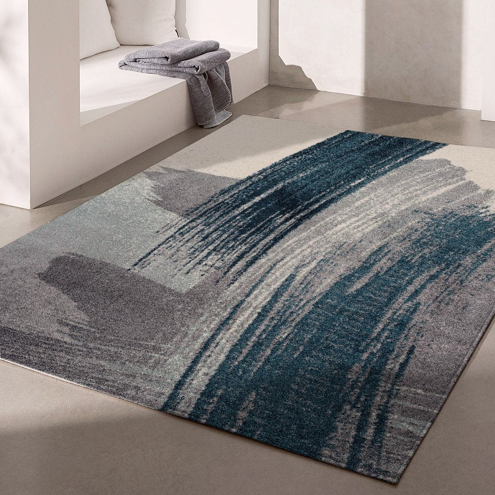 13' Blue And White Abstract Shag Runner Rug