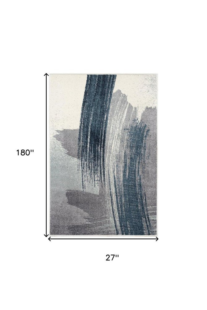 15' Blue And White Abstract Shag Runner Rug