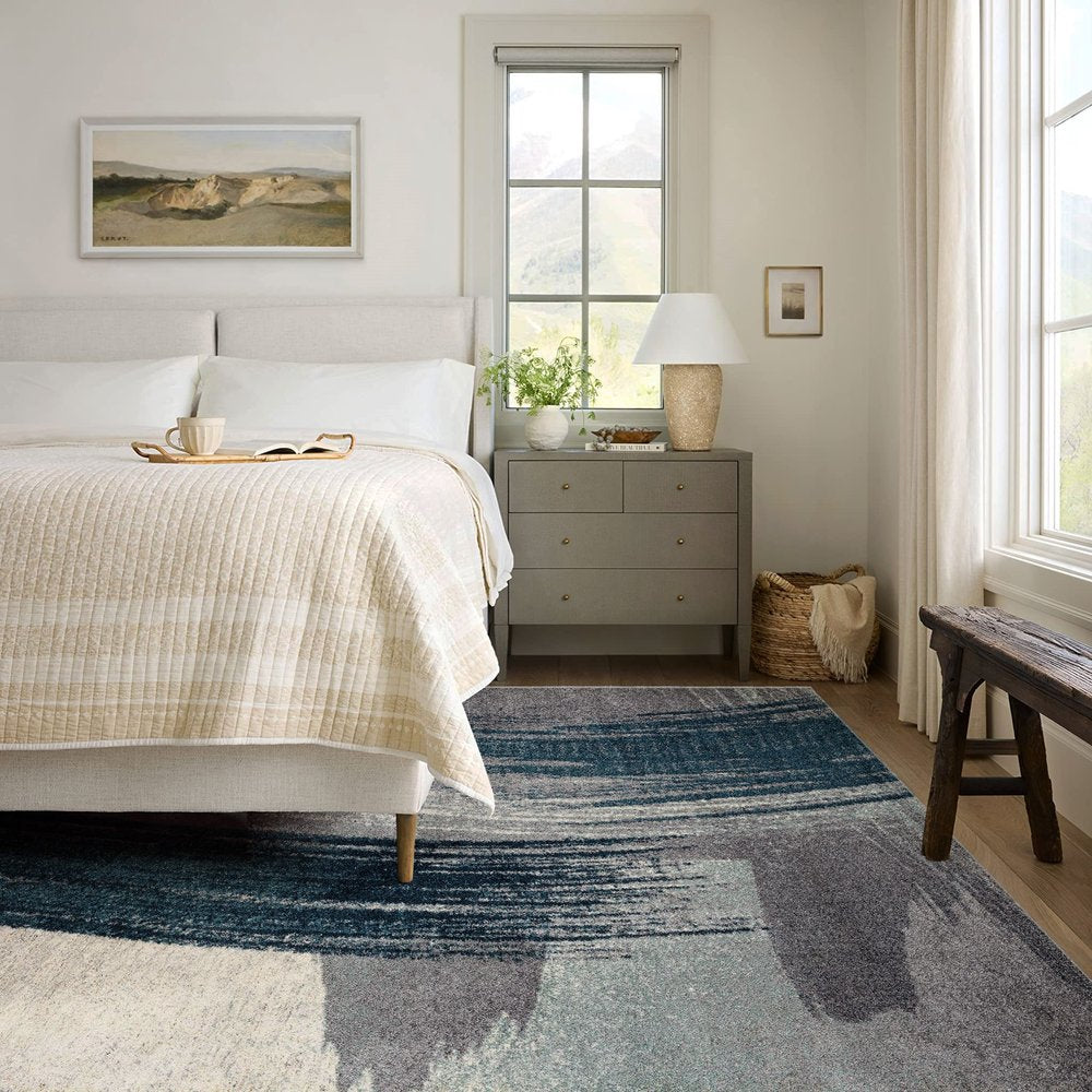 20' Blue And White Abstract Shag Runner Rug