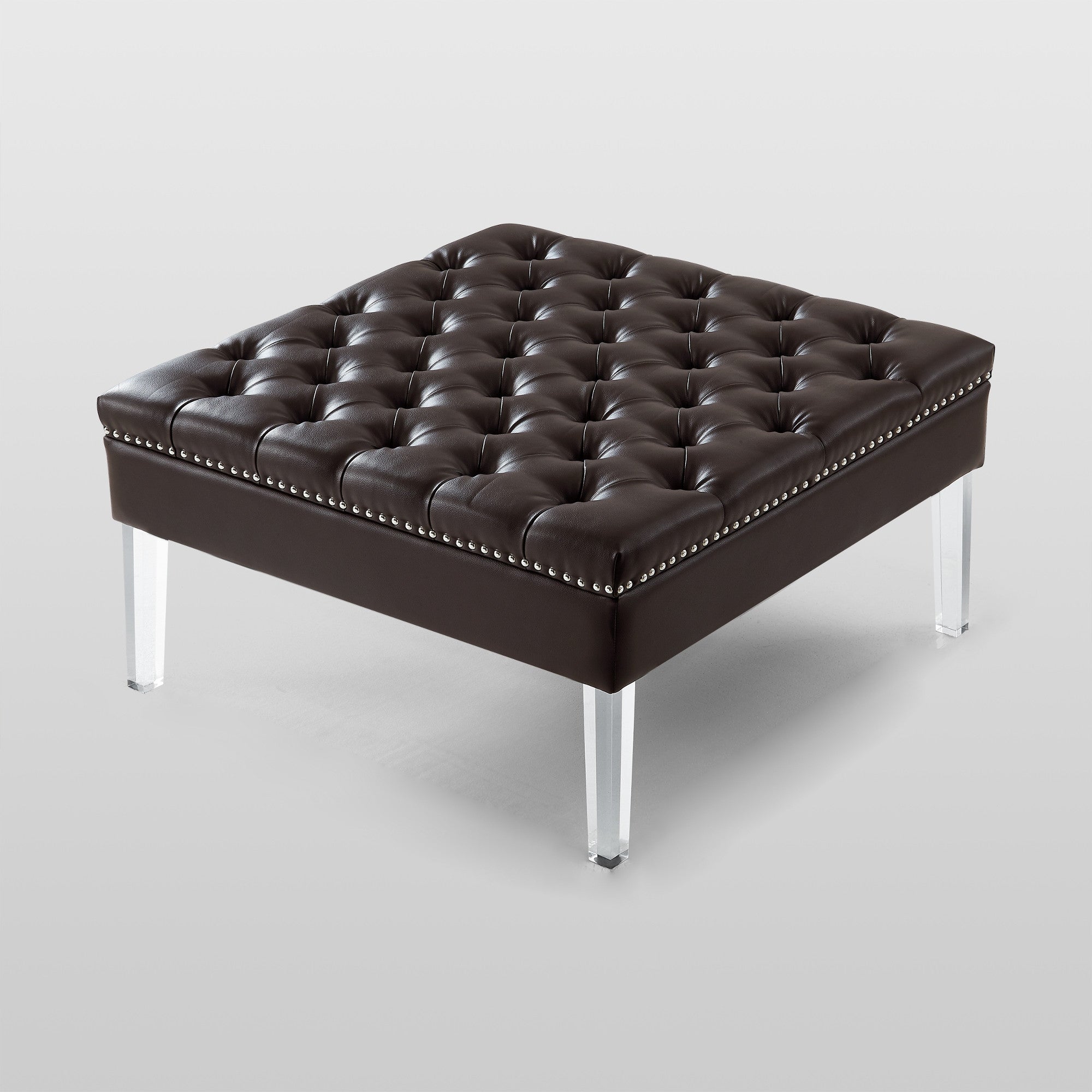 35" Silver Faux Leather And Clear Tufted Cocktail Ottoman