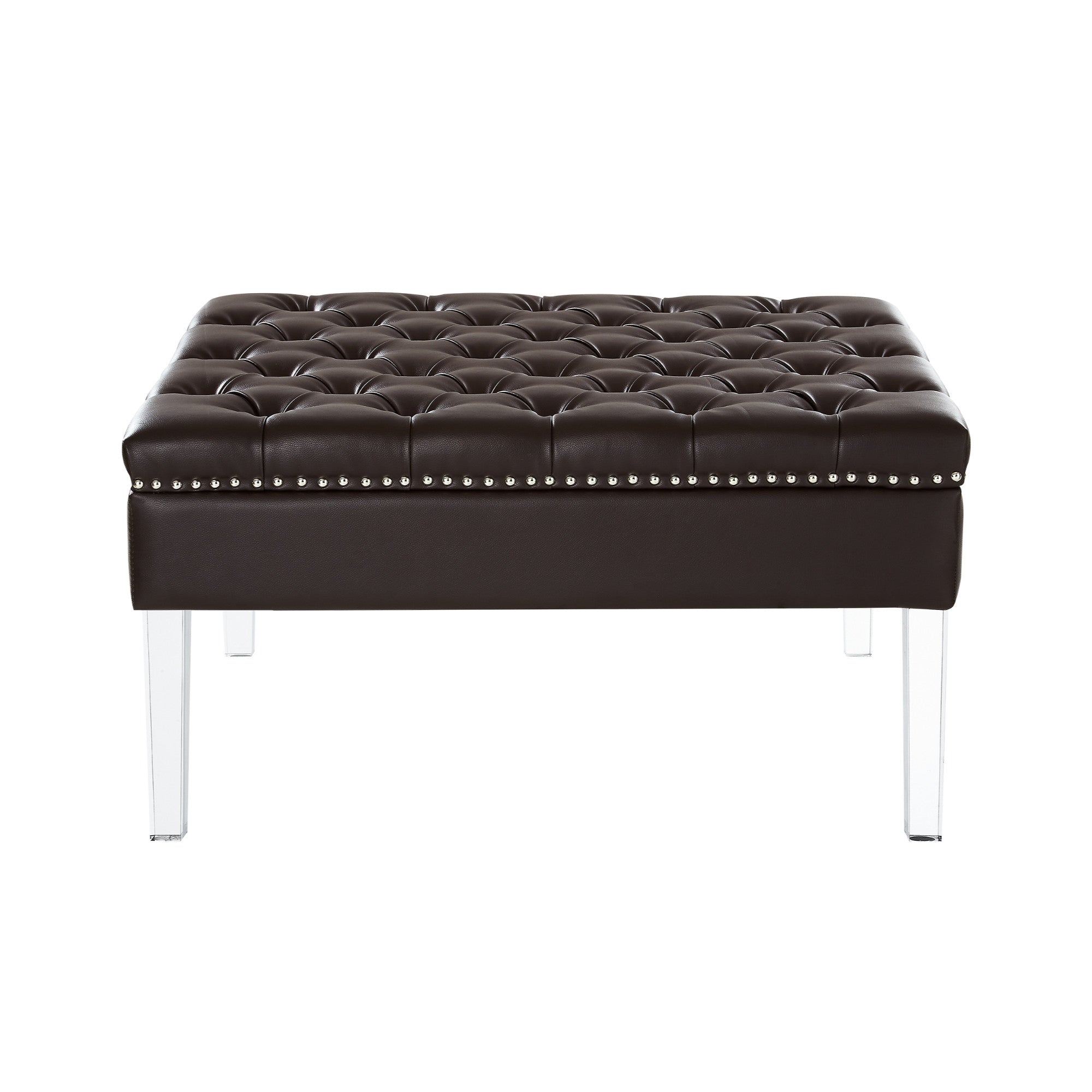 35" Silver Faux Leather And Clear Tufted Cocktail Ottoman