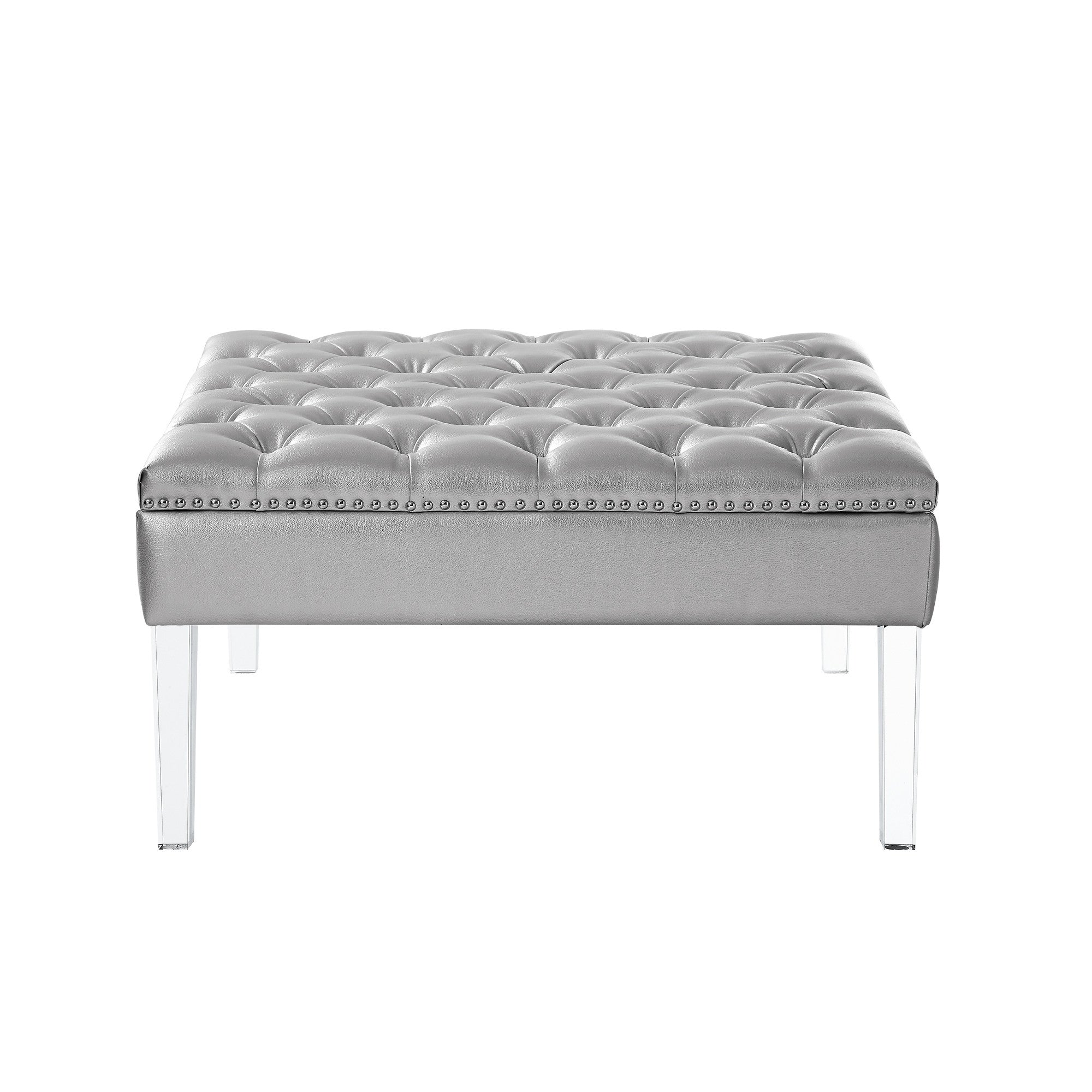 35" Silver Faux Leather And Clear Tufted Cocktail Ottoman