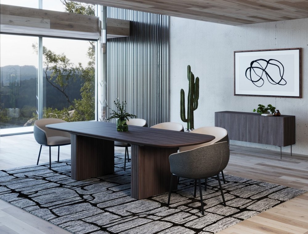 114" Brown Wood Self-Storing Leaf Double Pedestal Base Extendable Dining Table