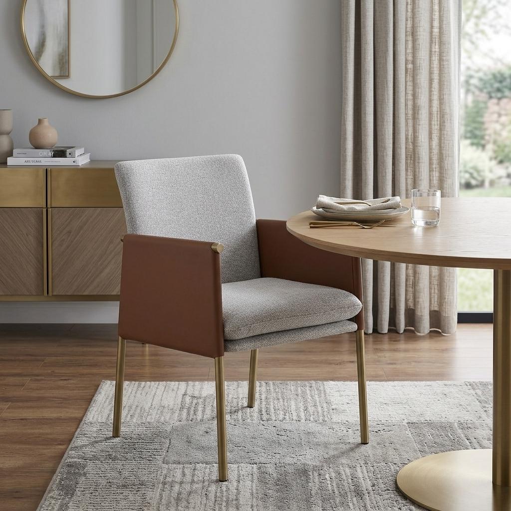 Light Gray And Antiqued Brass Upholstered Fabric Dining Arm Chair
