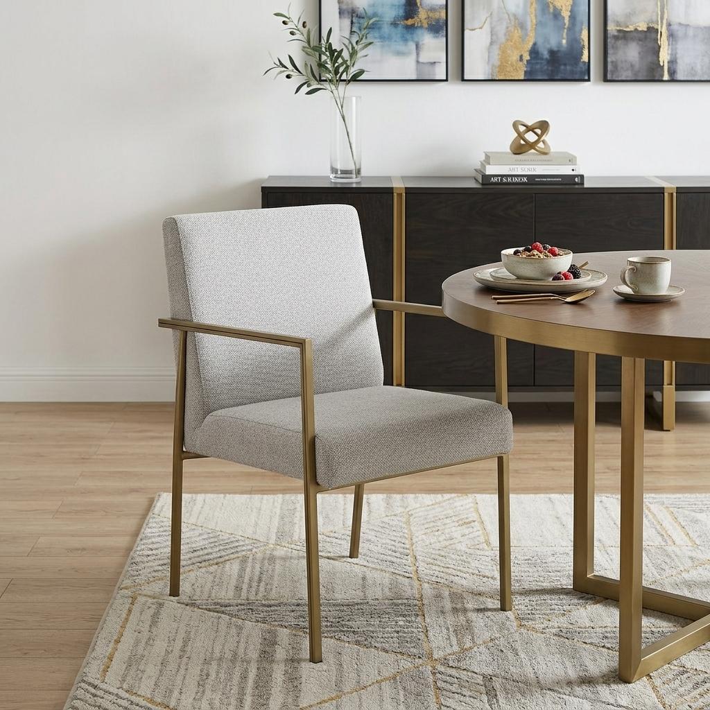 Light Gray And Brass Upholstered Fabric Dining Arm Chair