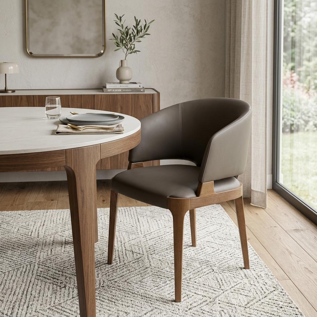 Dark Gray And Brown Upholstered Faux Leather Wing Back Dining Arm Chair