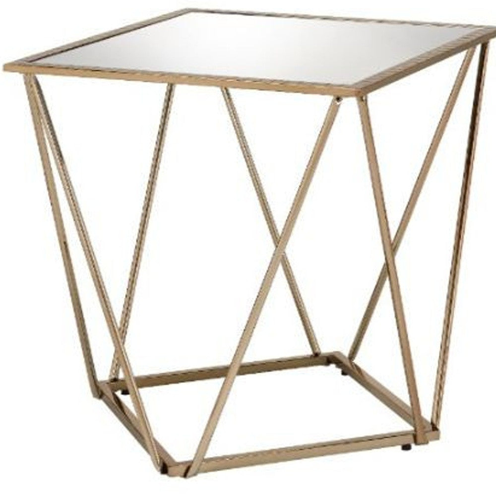 24" Champagne And Silver Glass And Metal Square Mirrored End Table