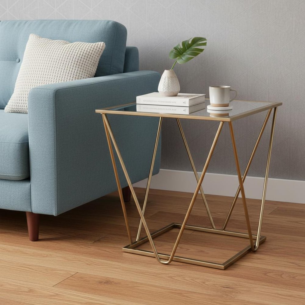 24" Champagne And Silver Glass And Metal Square Mirrored End Table