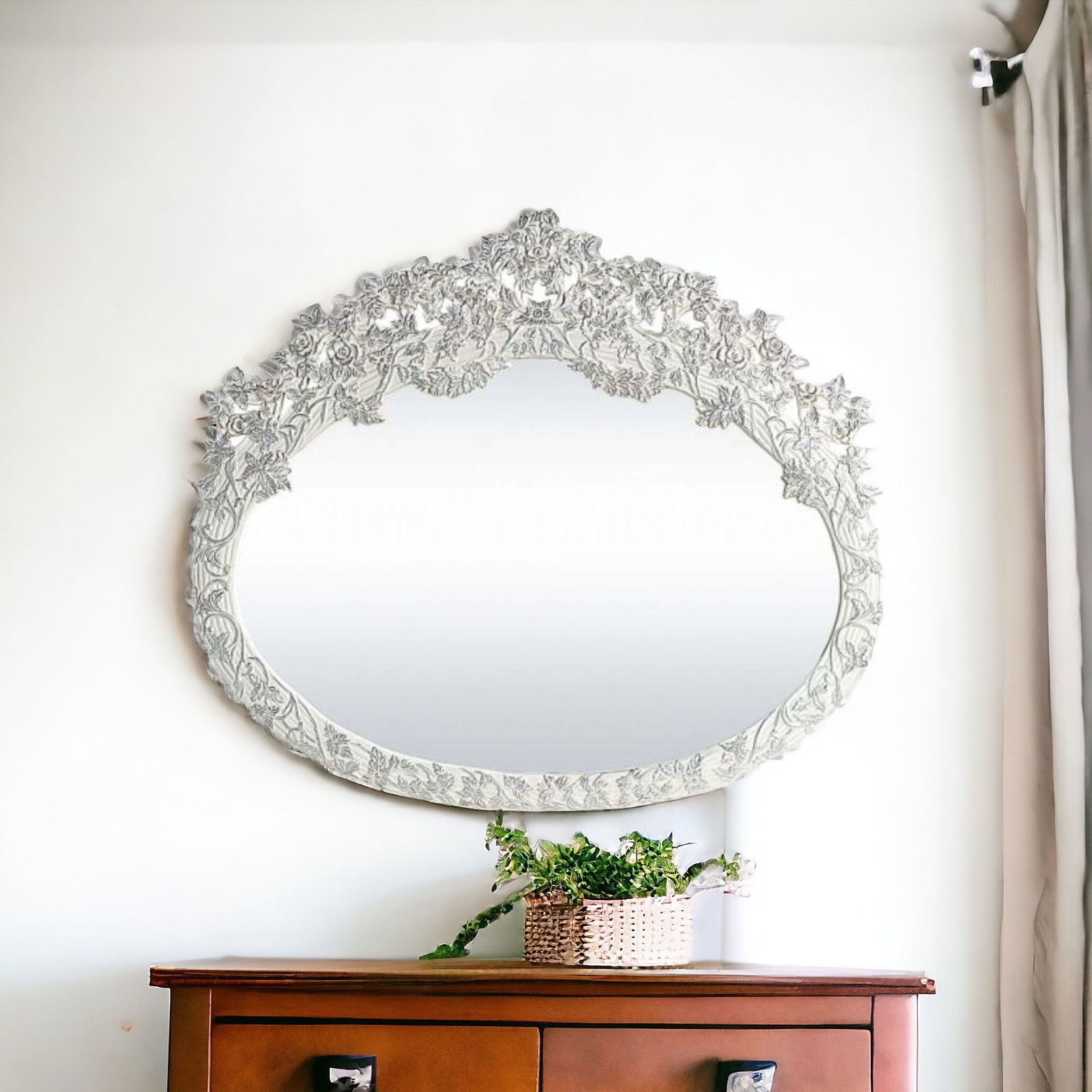 69" Antique White Finish Irregular Framed Dresser Mirror