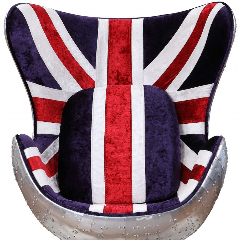 33" Red White and Blue And Silver Fabric Great Britain Flag Swivel Balloon Chair