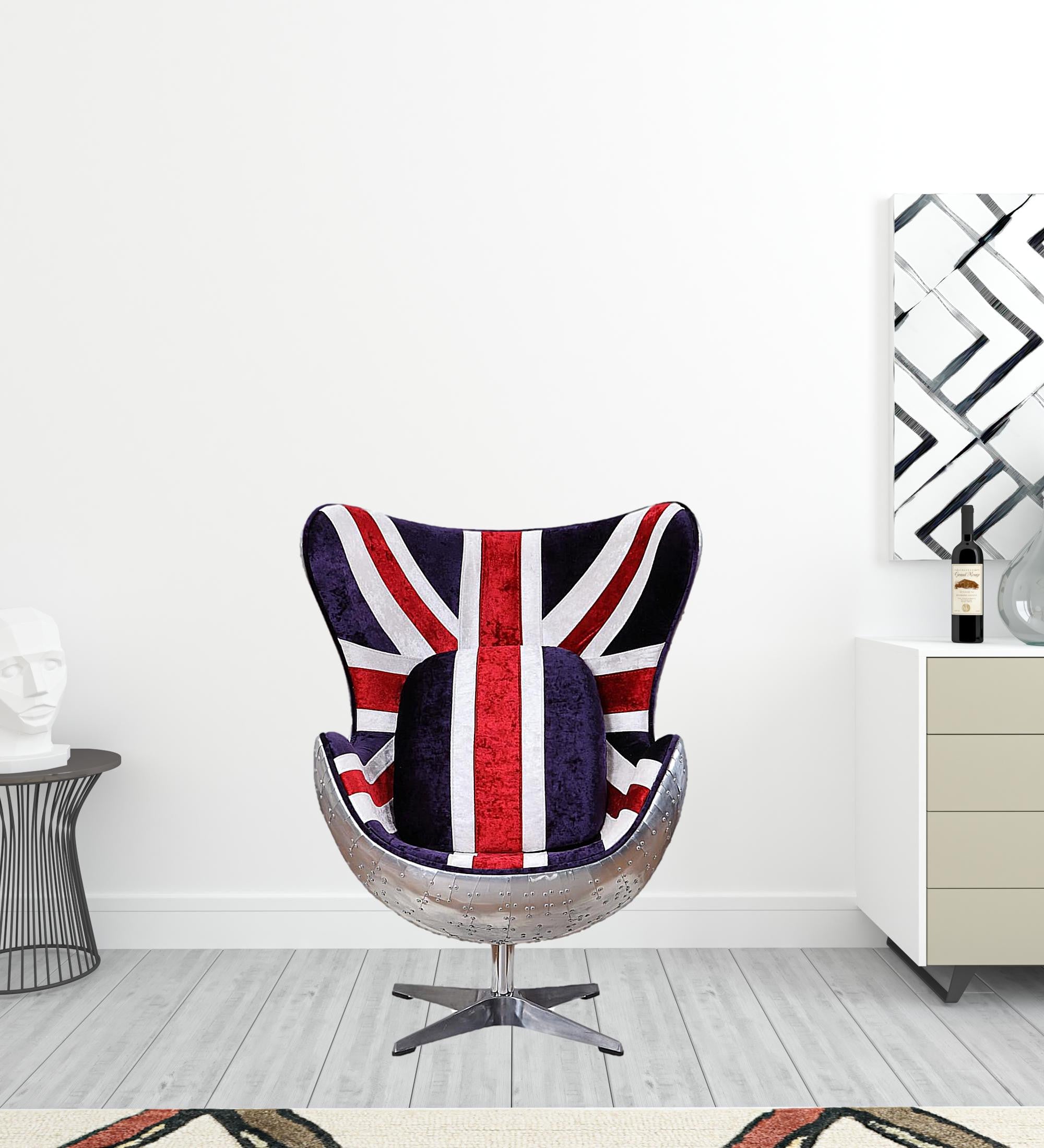 33" Red White and Blue And Silver Fabric Great Britain Flag Swivel Balloon Chair