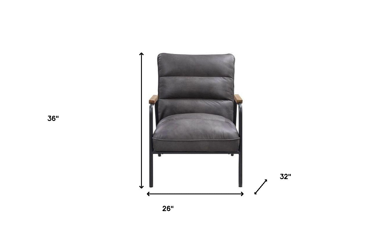 26" Gray And Black Top Grain Leather Tufted Lounge Chair