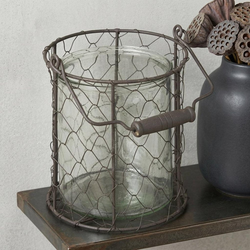6" Brown and Clear Wire Basket and Glass Jar