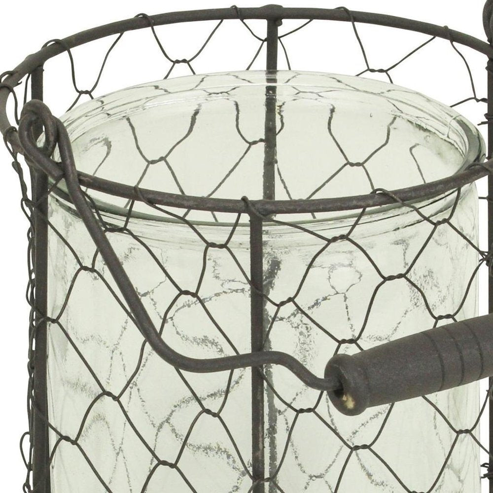 6" Brown and Clear Wire Basket and Glass Jar