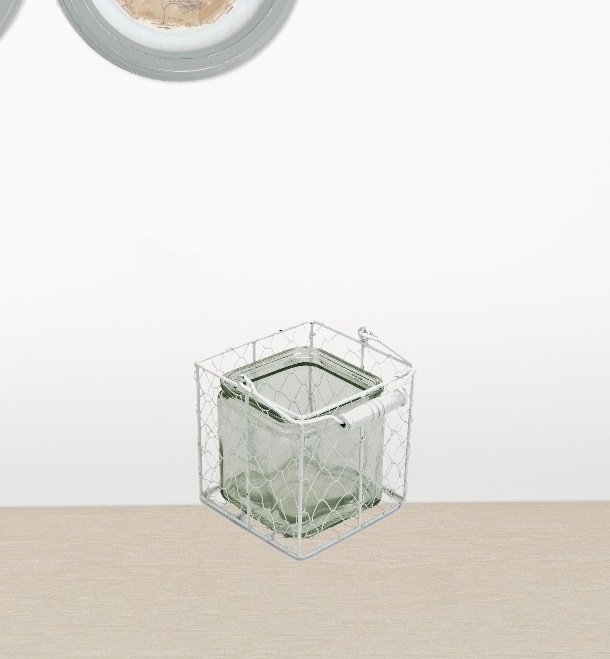 5.5" White and Clear Wire Basket Glass Jar