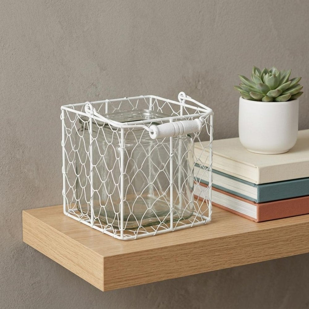 5.5" White and Clear Wire Basket Glass Jar