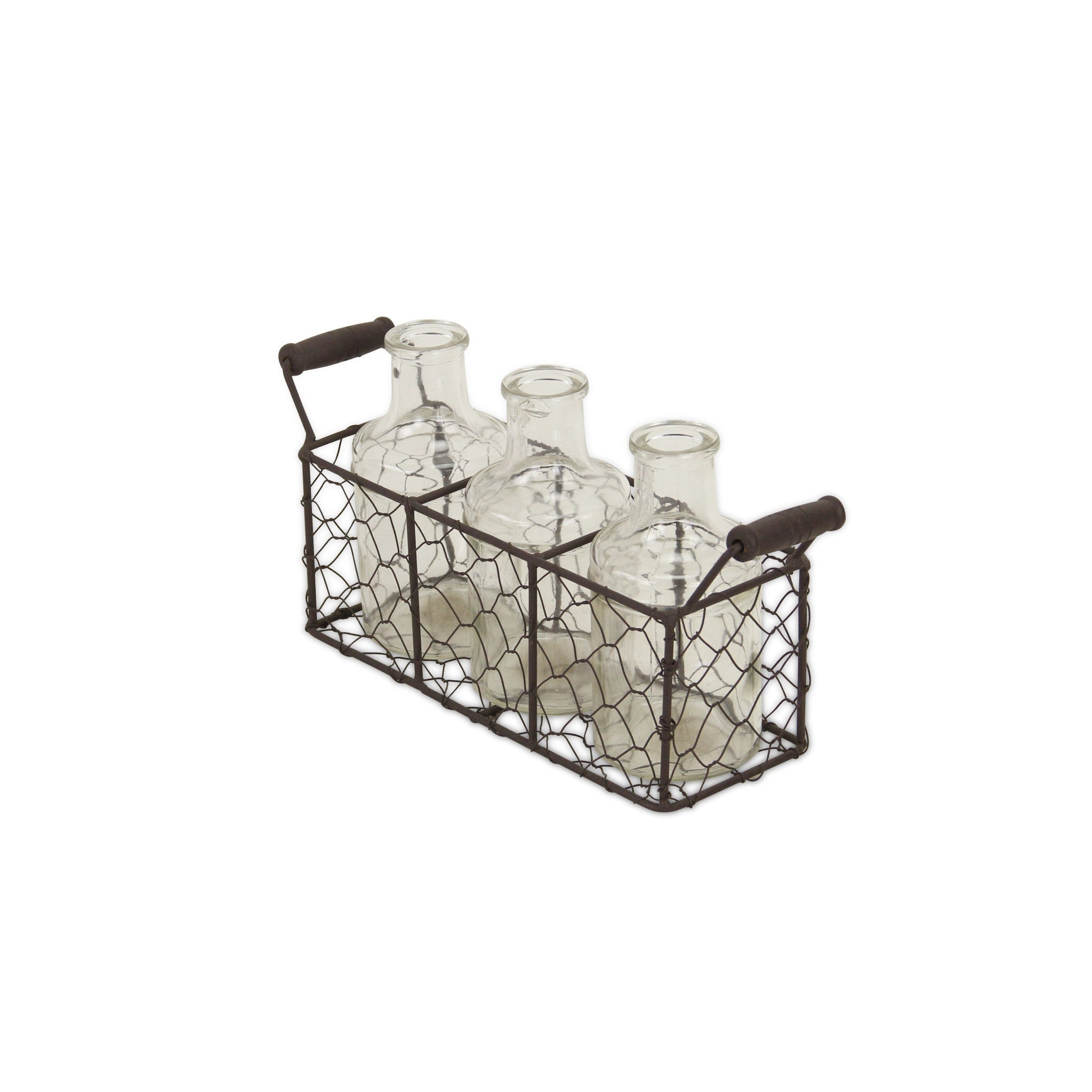 8.5" Set of Three Glass Bottles in Brown Wire Basket