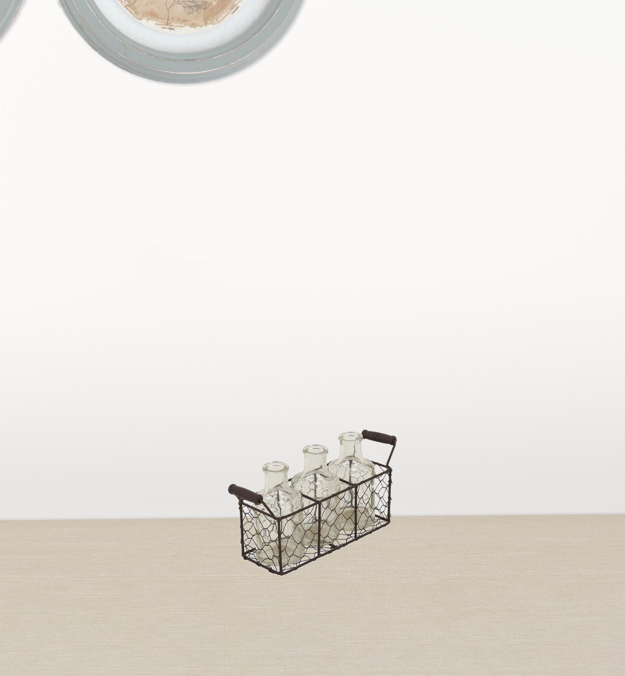 8.5" Set of Three Glass Bottles in Brown Wire Basket