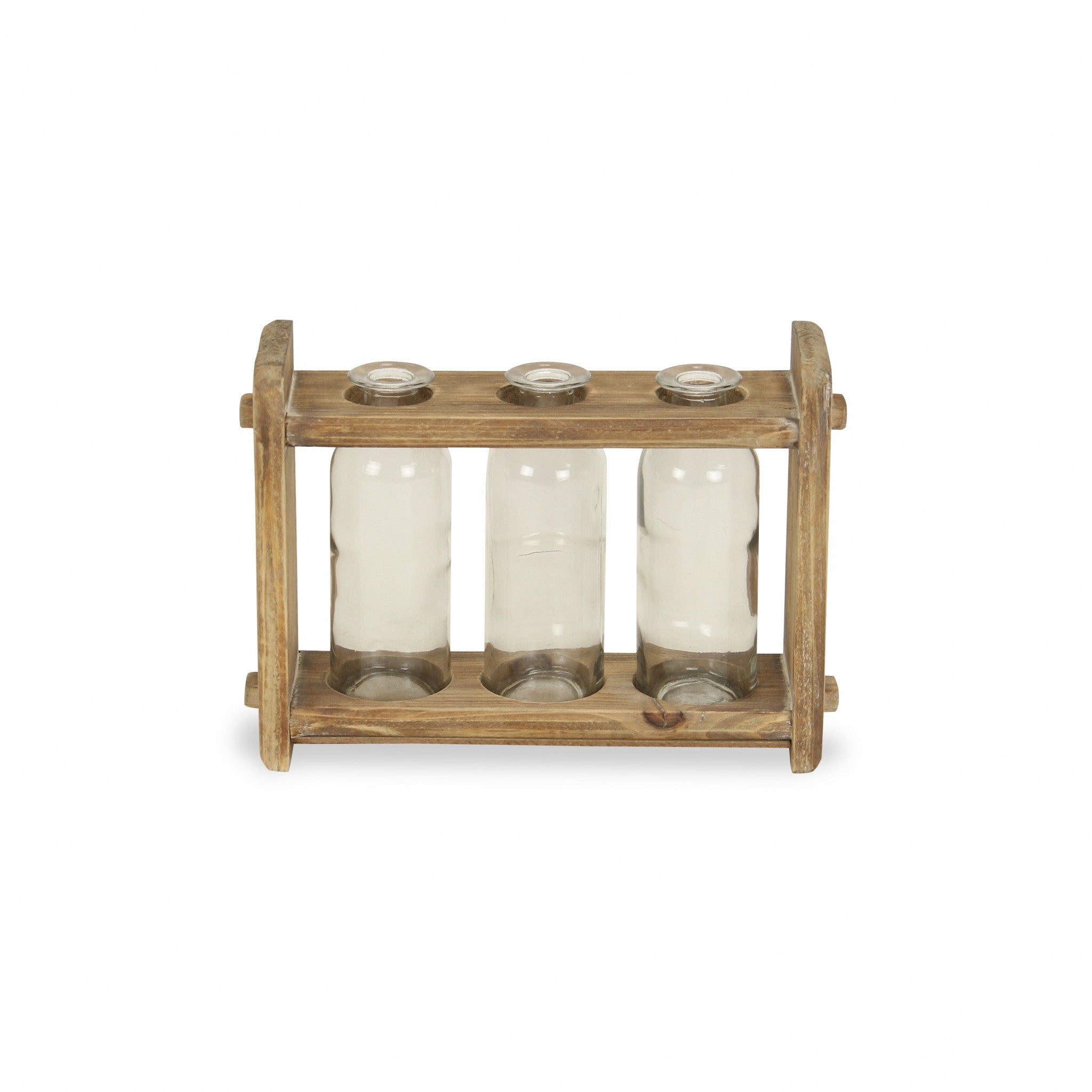 7" Set of Three Glass Jars in a Wood Rack