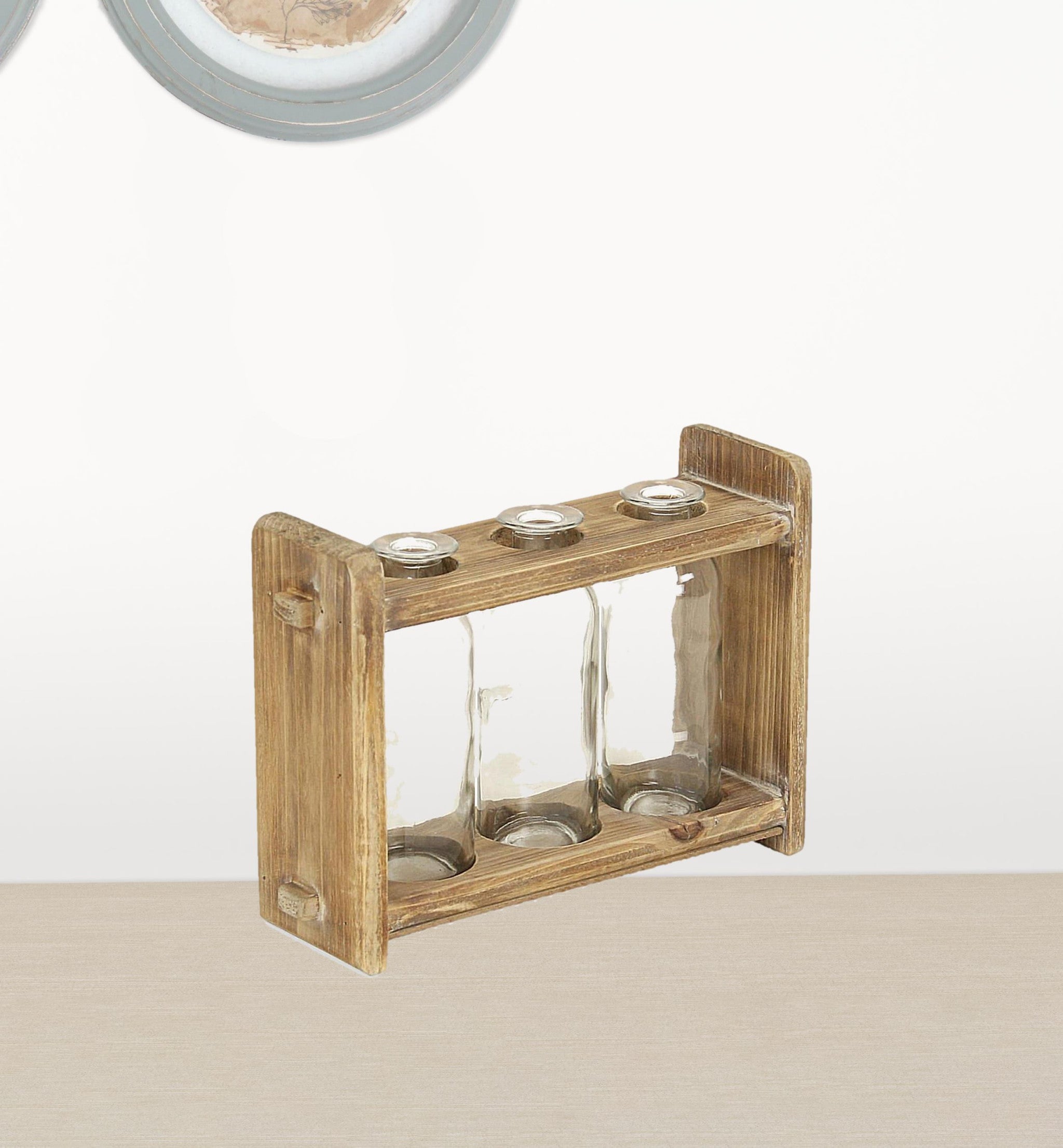 7" Set of Three Glass Jars in a Wood Rack