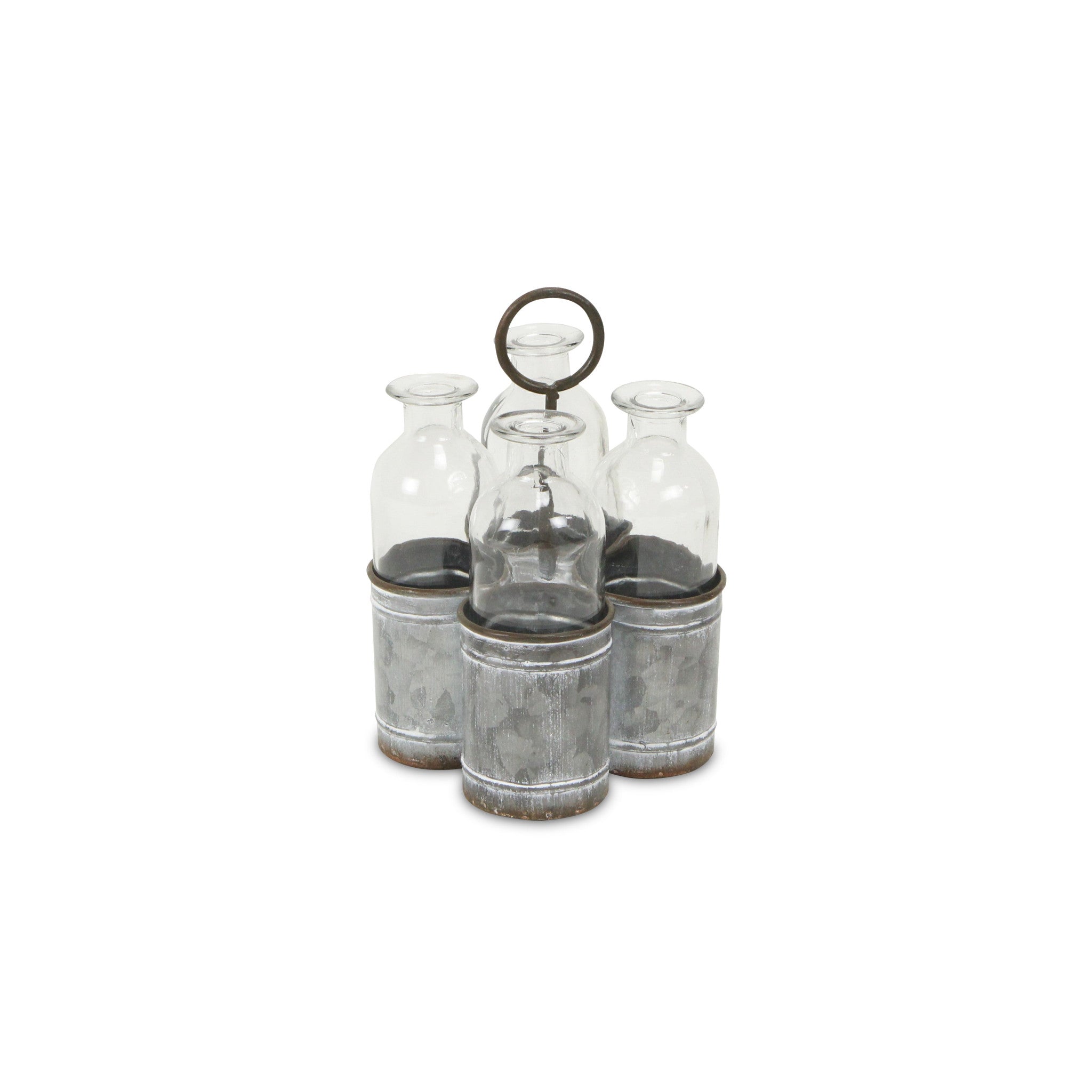 Set of Four Clear Galvanized Metal and Glass Decorative Bottles
