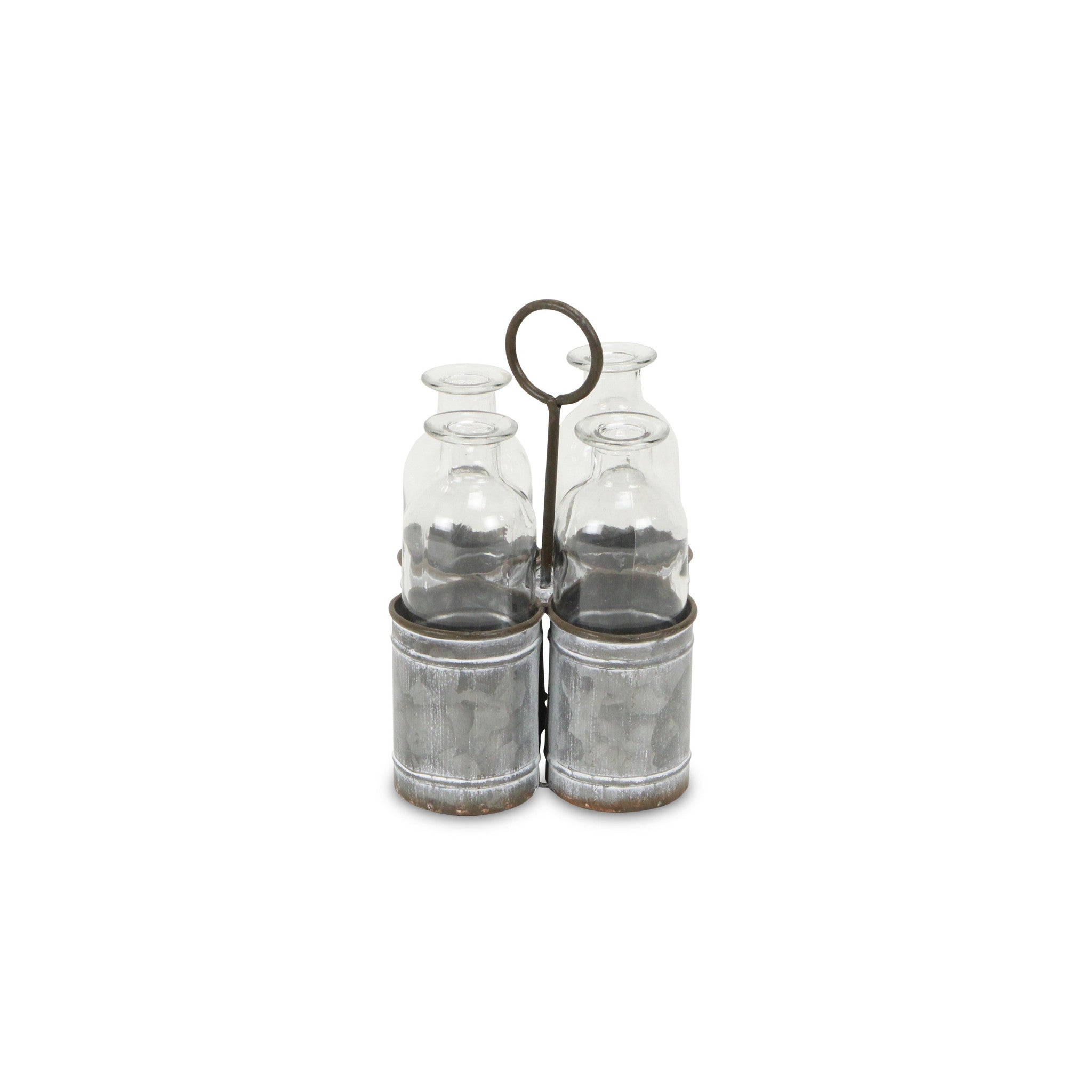 Set of Four Clear Galvanized Metal and Glass Decorative Bottles