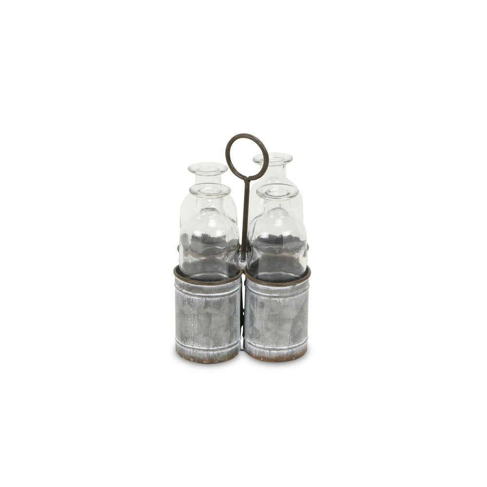 Set of Four Clear Galvanized Metal and Glass Decorative Bottle Tabletop Sculpture