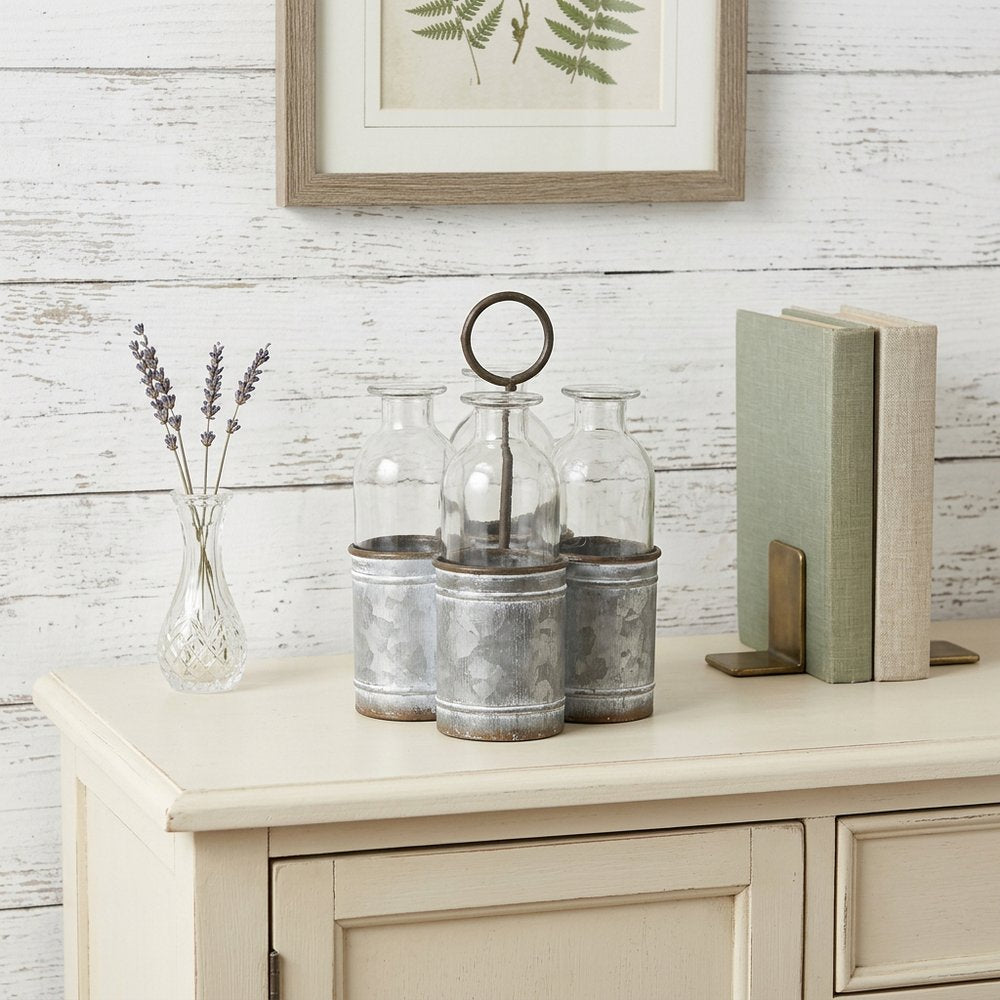 Set of Four Clear Galvanized Metal and Glass Decorative Bottle Tabletop Sculpture