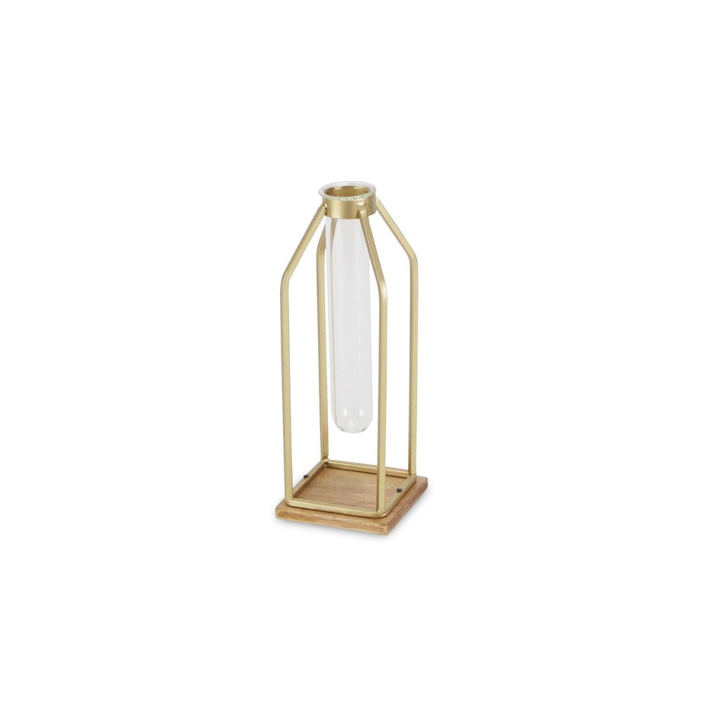 11" Gold Clear And Natural Metal Glass And Wood Test Tube Table Vase