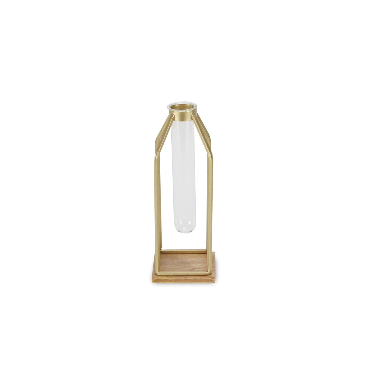 11" Gold Clear And Natural Metal Glass And Wood Test Tube Table Vase