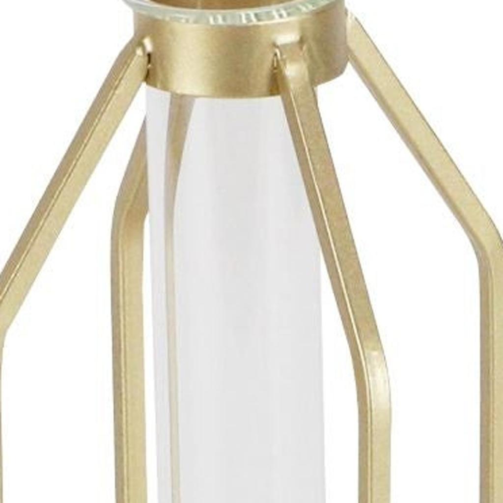 11" Gold Clear And Natural Metal Glass And Wood Test Tube Table Vase