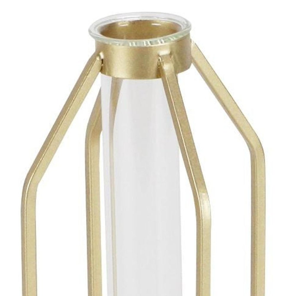 11" Gold Clear And Natural Metal Glass And Wood Test Tube Table Vase