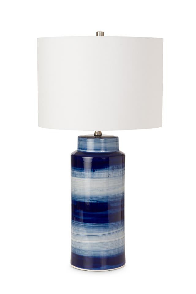 Set of Two 30" Blue and White Ceramic Cylinder Table Lamps With White Drum Shade