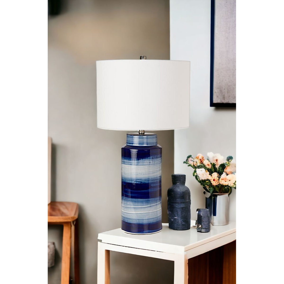 Set of Two 30" Blue and White Ceramic Cylinder Table Lamps With White Drum Shade